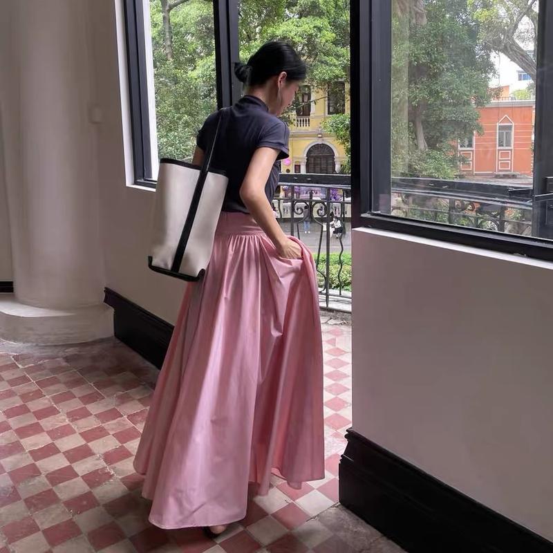  Váy Xòe Dài Maxi Cạp Cao với Túi Màu Trắng Đen Hồng Be cho Nữ 2 Lớp Women 