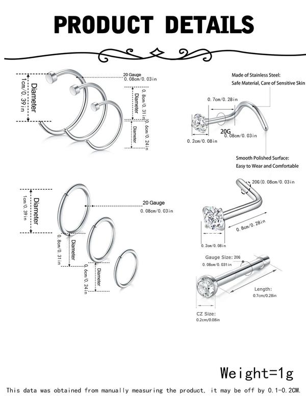 Elegant Rhinestone Decorated Nose Studs, 18pcs Stainless Steel Nose Rings, Nose Piercing Jewelry for Women and Men, Body Jewelry for Summer Party 1