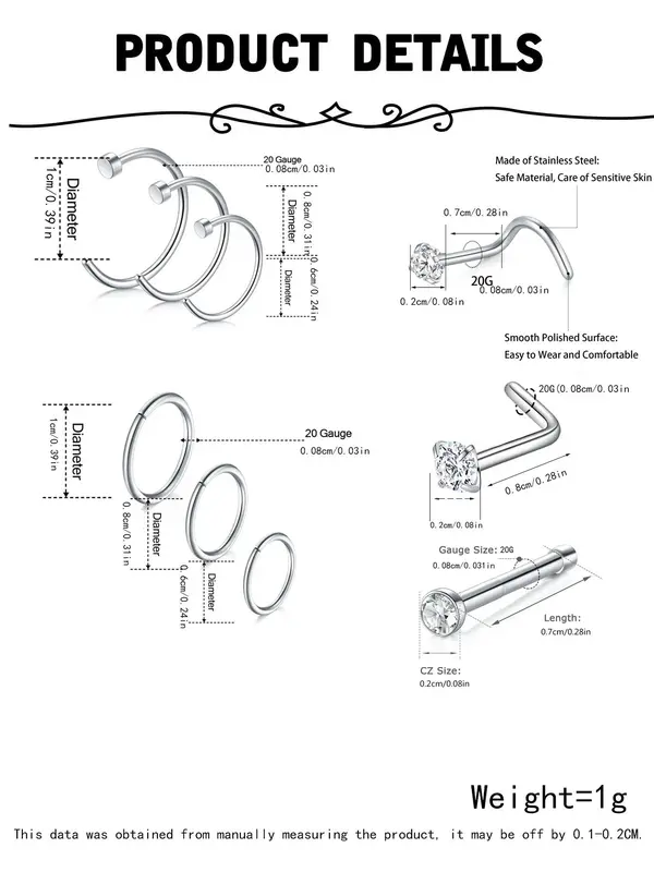 Elegant Rhinestone Decorated Nose Studs, 18pcs Stainless Steel Nose Rings, Nose Piercing Jewelry for Women and Men, Body Jewelry for Summer Party 1