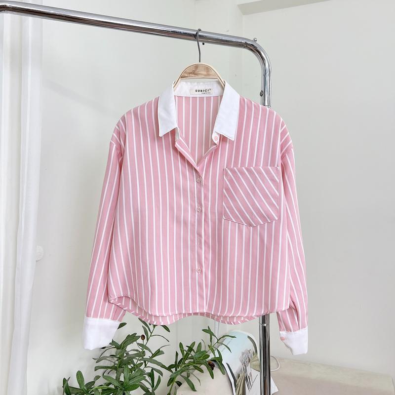 Áo Croptop Tay Dài Nữ Kẻ Sọc Pastel Phối Trắng Dáng Lửng Thanh Lịch, Sơ Mi Croptop Dài Tay Form Hàn Vừa Vặn Top Women Shirt