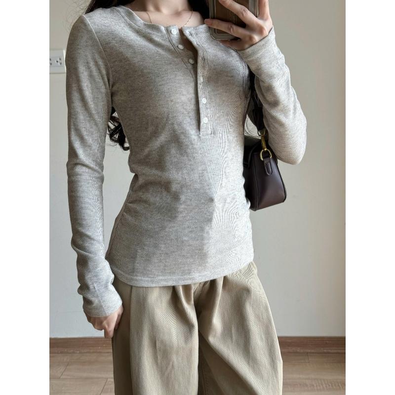 Áo thun dài tay HM STYLE HN cúc xẻ chất tăm lông thỏ mềm mịn, áo thun ôm body phong cách Hàn Quốc HA888 Nữ Women Top