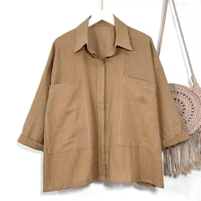 Melva Korean Crop Kemeja Wanita Semi Crop Linen Saku Dua Ld 120 Blouse Atasan Wanita Gemilang 6