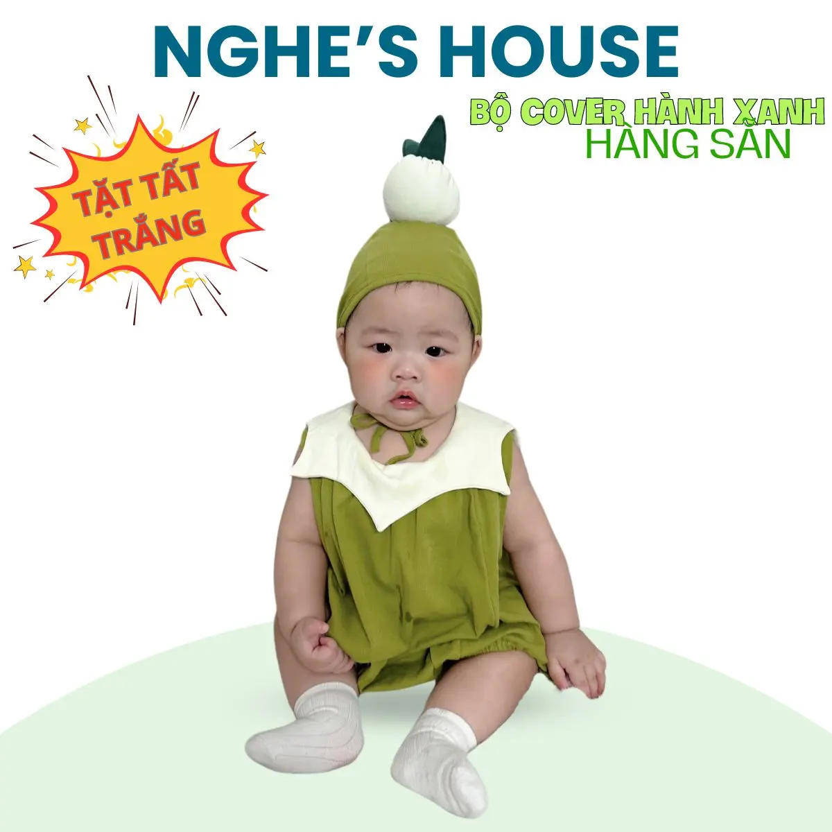 Bodysuit Hành Xanh Kèm Mũ Dễ Thương Dành Cho Bé Trai Bé Gái