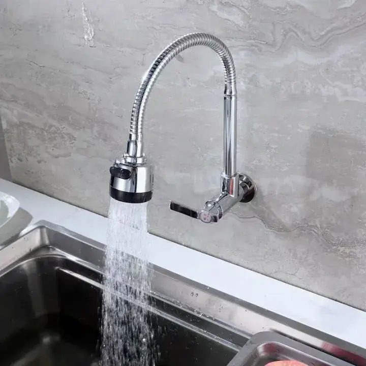 Stainless Steel Kitchen Sink 2 Stream Mode Flexible Goose Neck Water Tap Faucet (Silver) Stainless Steel Flexible Kitchen Faucet Sink Faucet（Wall Type）