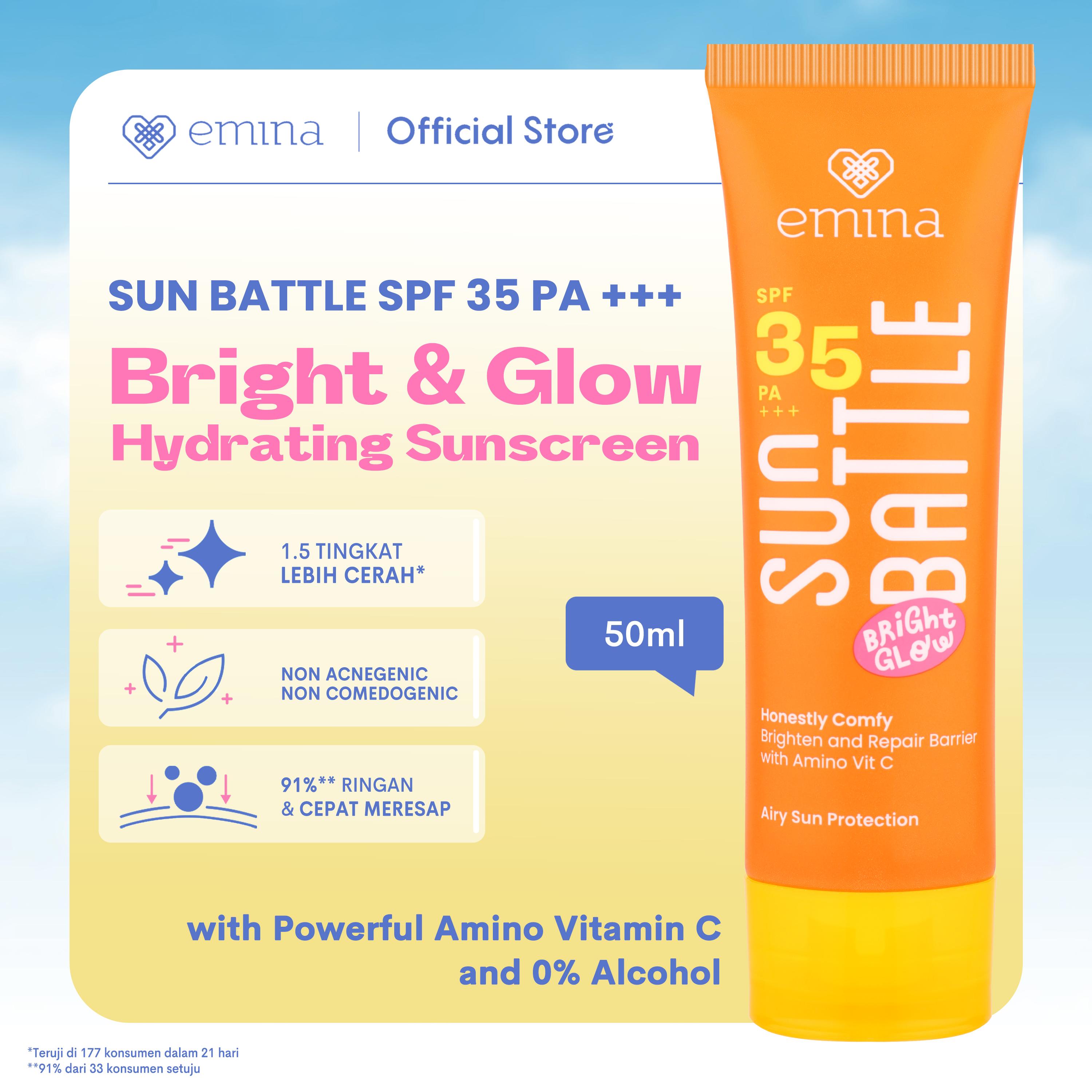 Emina Sun Battle Bright Glow SPF 35 PA+++ - Sunscreen Serum Amino Vitamin C - Cerah, Ringan, Hydrating [Teruji In Vivo] Non acnegenic & Non Comedogenic. Cocok semua jenis kulit