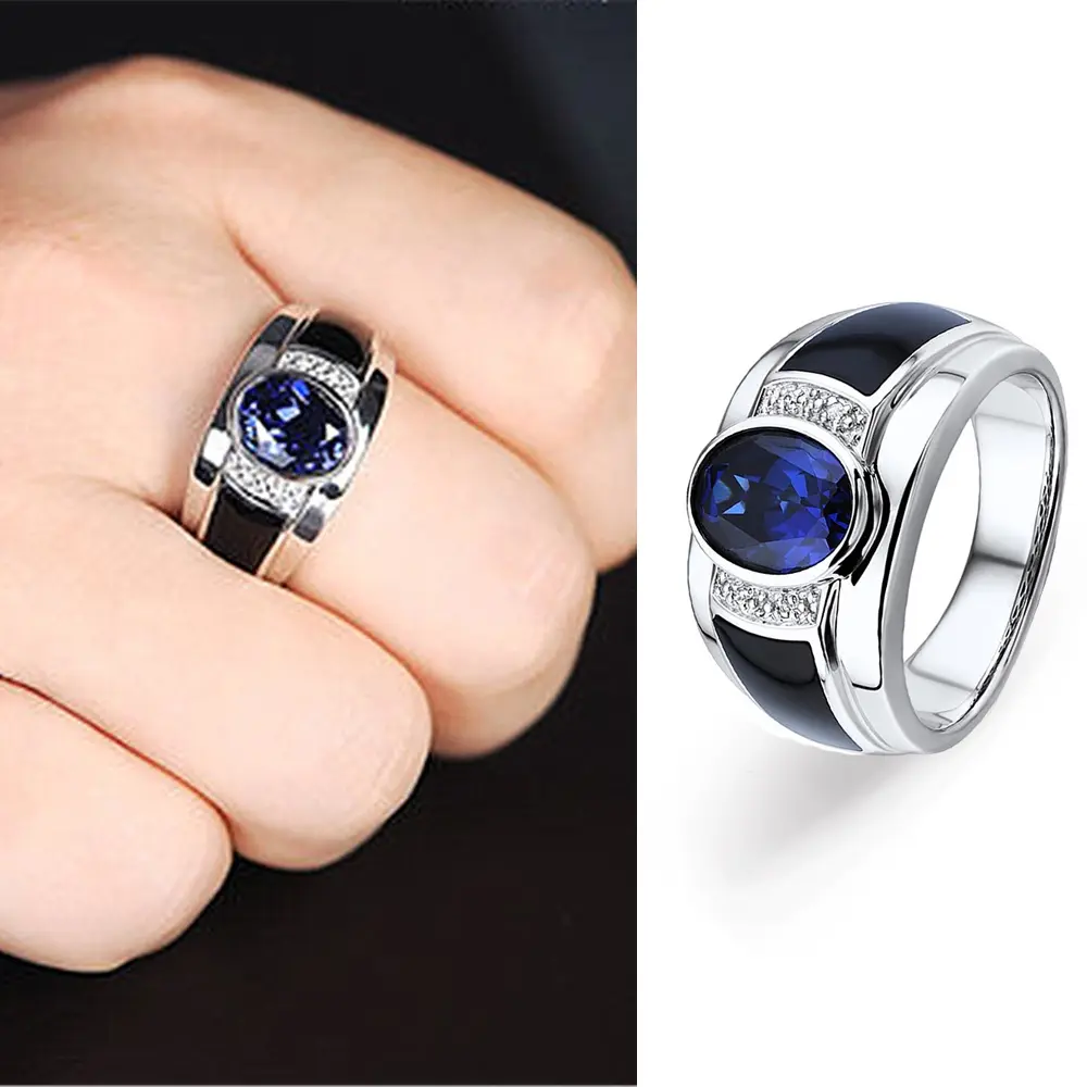 Men Ring Punk Silver Titanium Steel Blue Zircon Stone Wedding Engagement Rings Fashion Accessories