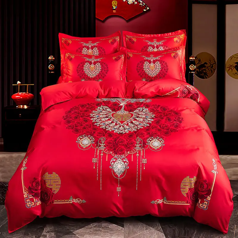 Bộ Bốn Món Đám Cưới, Màu Đỏ Tươi, Ga Trải Giường Dày, Vỏ Chăn, Vỏ Chăn Đôi, Bộ Đồ Giường, Hàng Mới Về, Thích Hợp Làm Quà Cưới 8