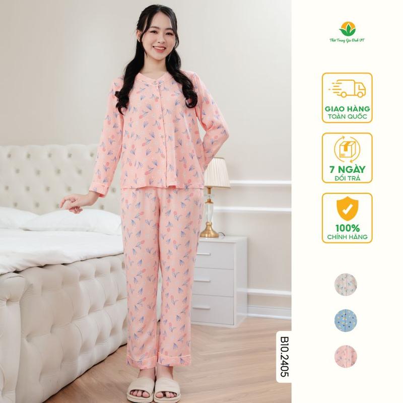  Bộ Lanh tole Nữ Thời Trang Gia Đình VT - Áo Dài Quần Dài Tay Cổ V Họa Tiết - B10.2405 - Women Quần Ngủ Áo Ngủ Nhung 