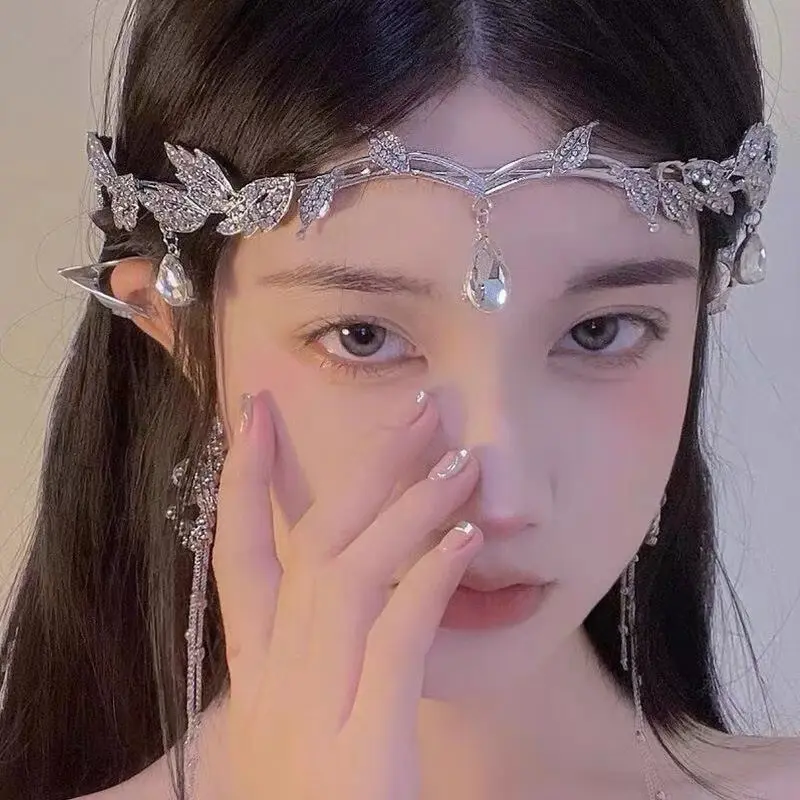 Daun Titisan Air Hiasan Dahi Pengantin Berlian Penuh, Puteri super elegan dalam Larian, Kalung Ikat Rambut Aksesori Rambut Dwi Tujuan Bell