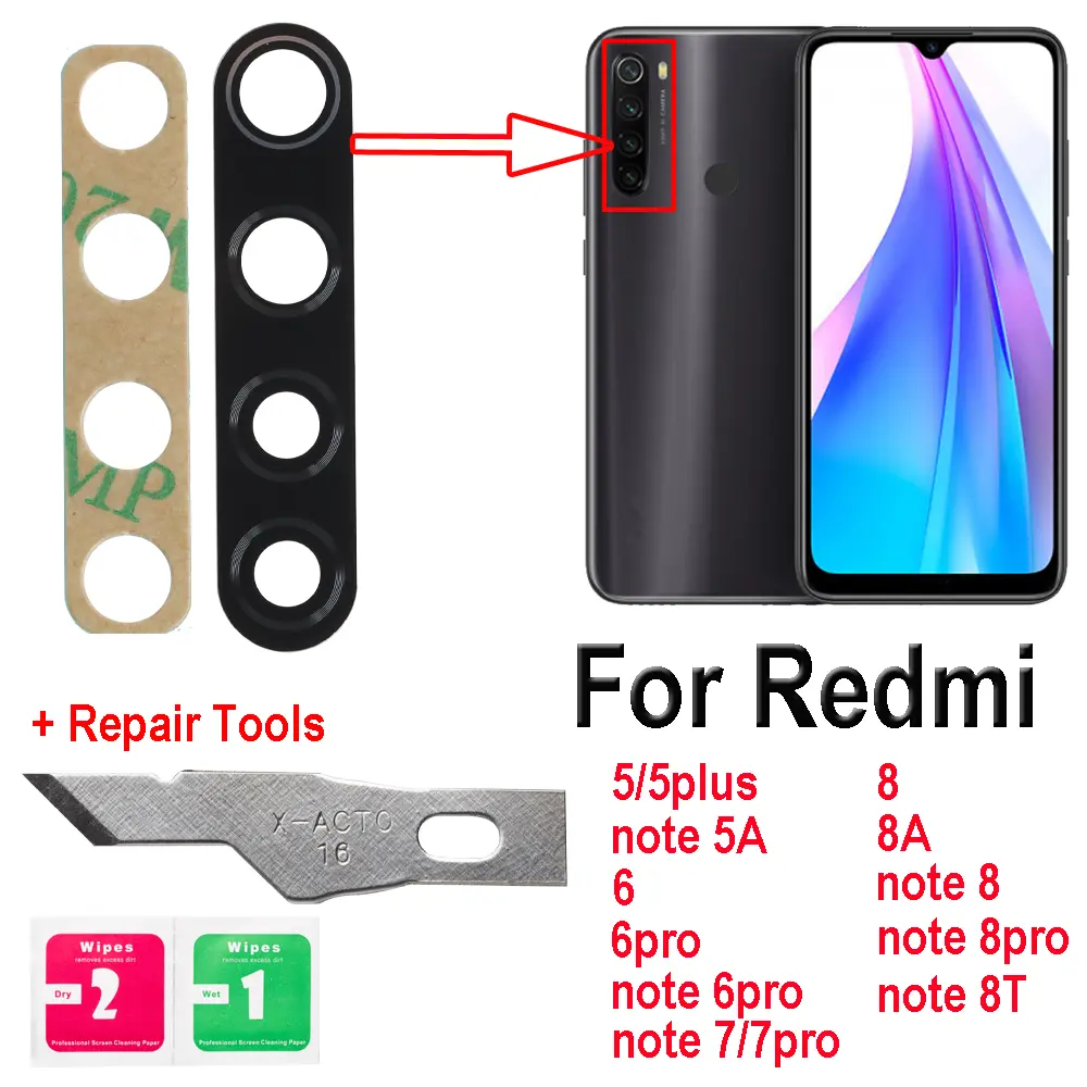 2sets Back Camera Glass Lens + Sticker For Xiaomi Redmi 5 6 8 8A plus note 5A 6 7 8 pro Camera Lens For Xiaomi 10