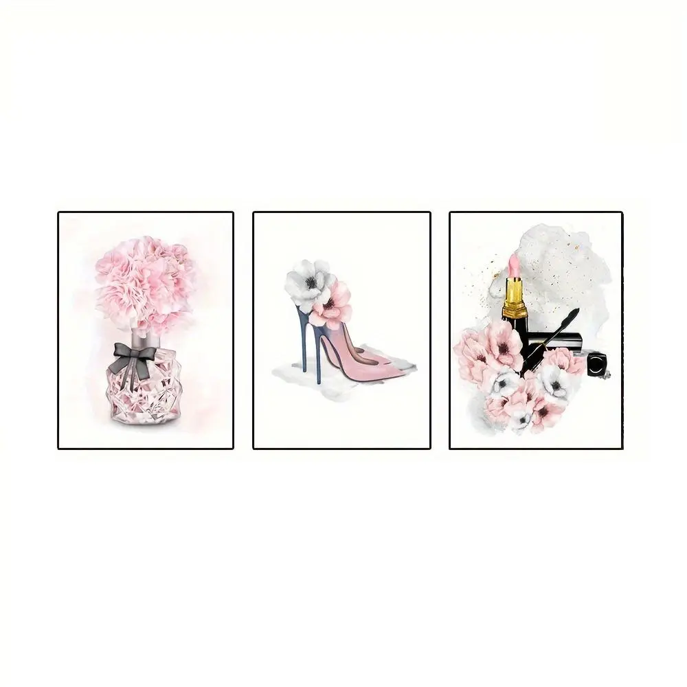 High Heel & Perfume Bottle Pattern Canvas Painting without Frame, 3 Counts/set Modern Wall Art Painting, Wall Art Decor for Home Living Room Bedroom Salon