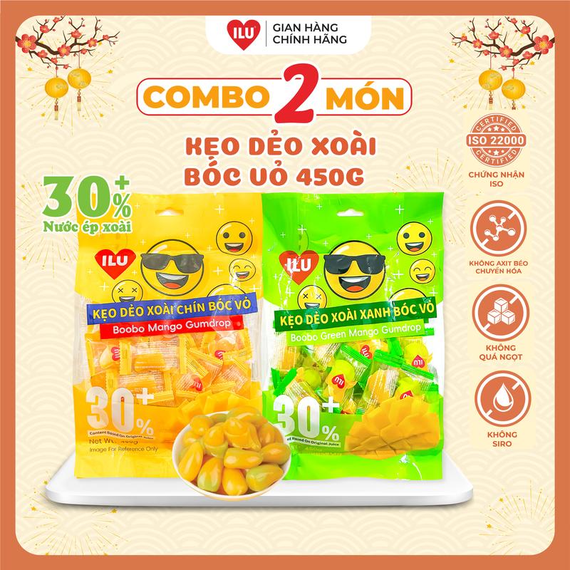 (Combo 2 Món) 2 Kẹo Xoài Xanh, Chín Bóc Vỏ (450g) ILU MALL, Bánh Kẹo Tết 2025 100% VAT Đồ Ăn Vặt Snack Food