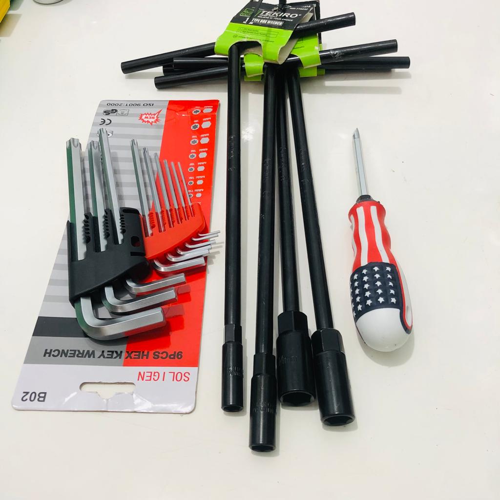 TEKIRO Kunci Sock T Set / Sok T Fullset 8 - 10 - 12 - 14 mm + Kunci L Long + L Bintang Set Kombinasi 9 pcs