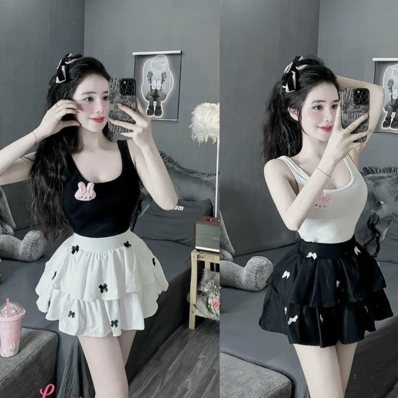 Bộ áo tăm dây phong cách cá tính, chân váy xoè 2 tầng đính nơ freesize cho nữ 40-57kg - Women set