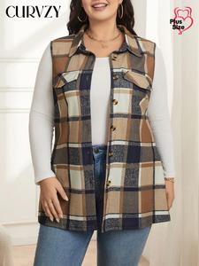 CURVZY Plus Size Plaid Print Button Front Fake Pocket Decor Vest Jacket, Casual Sleeveless Collared Outerwear for Daily Wear, Women's Plus Clothing for All Seasons