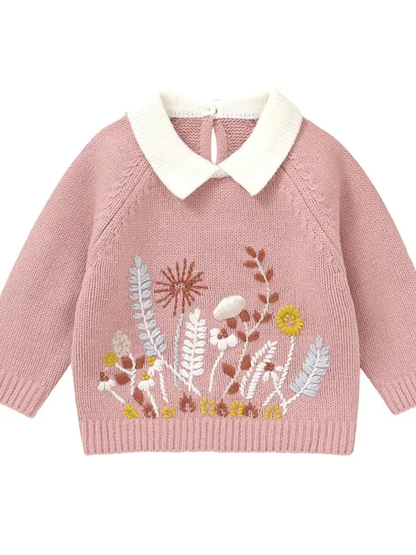 Baby's Floral Embroidery Collared Sweater, Cute Long Sleeve Jumper for Fall & Winter, Newborn Infant Kids Clothes for Daily Wear 6