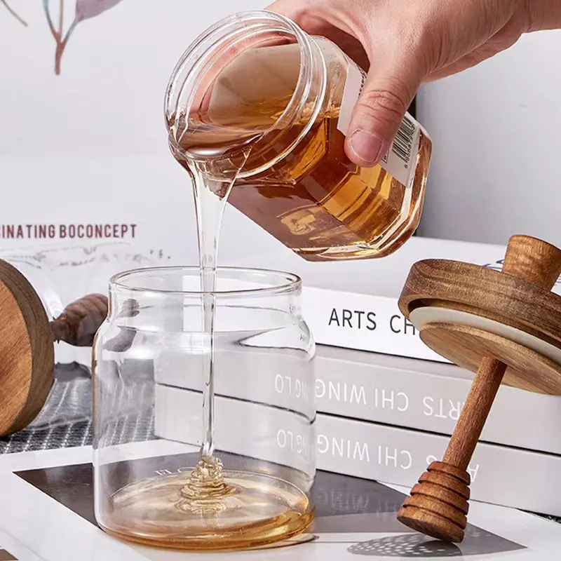 Glass Honey Jar, Wooden Lid Honey Packaging Bottle, with Stirring Rod, Household Transparent Jam Storage Jar quad tubes hygiene balang kuih raya set 2025