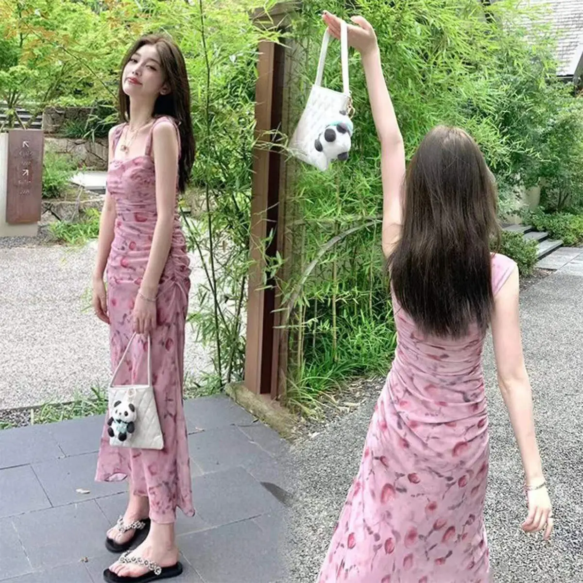 Pink floral patterned A-line one-shoulder dress that impresses with its beauty.