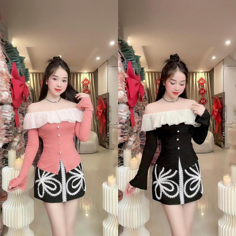 (T05) Áo trễ vai thiết kế tơ dập ly cách điệu phối nút áo kiểu nữ sang chảnh áo thun kiểu nữ đi tiệc đi làm đi chơi đều đẹp T05