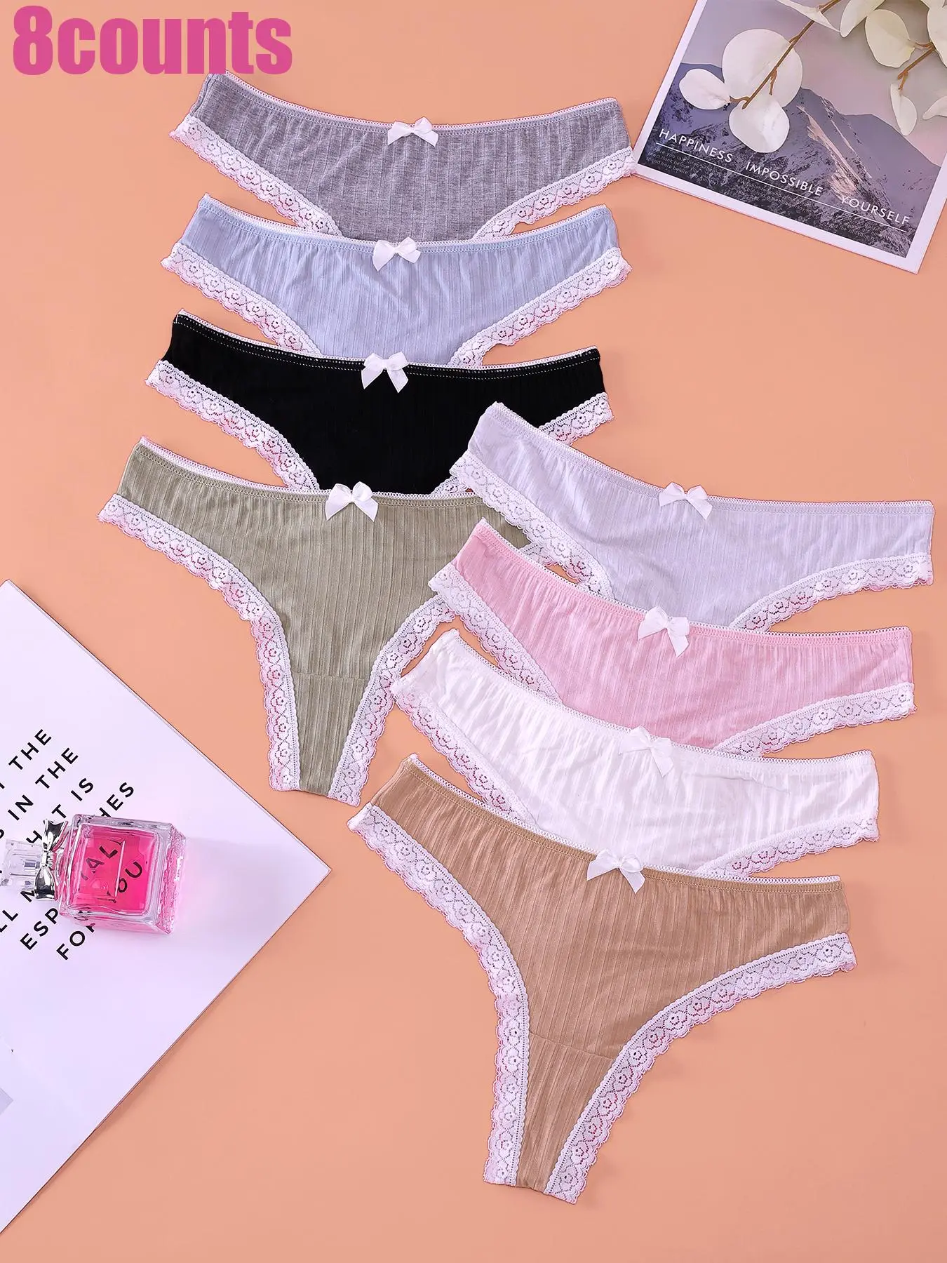 Women's Plain Bow Decor Contrast Lace Panty, Soft Comfy Breathable Knicker for Daily Wear, Underwear for All Seasons