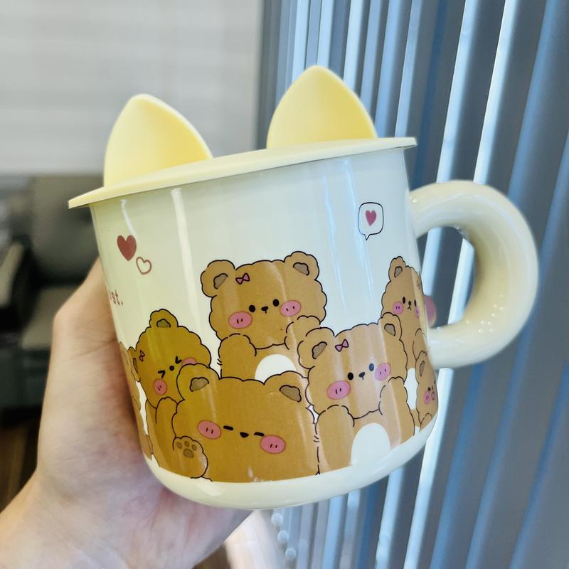 Cốc sứ hoạt hình dễ thương uống nước uống cà phê 420ml món quà sinh nhật Kèm nắp cốc+muỗng inox NYB01