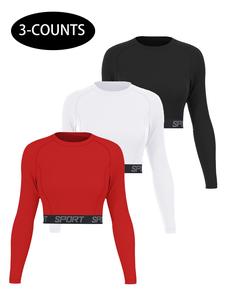 Women's Letter Tape Sports Tee, Round Neck Long Sleeve Compression T-shirt, Ladies Sportswear for Gym Workout Running