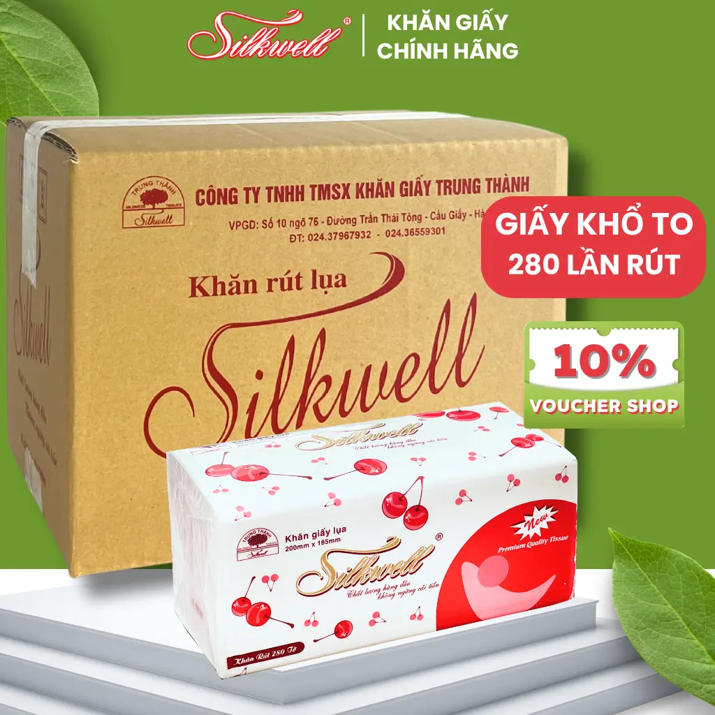 Thùng 9 Gói Giấy Ăn Rút Lụa Silkwell 280 Tờ 2 Lớp Khổ To Siêu Mềm Mịn Không Tẩy Trắng, Không Bụi Giấy Hàng Chính Hãng