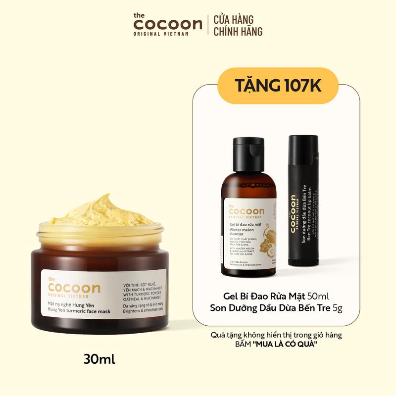 [COMBO MUA 1 TẶNG 2] Mặt nạ nghệ Hưng Yên Cocoon giúp da rạng rỡ & mịn màng 30ml Tặng 1 Gel bí đao rửa mặt 50ml + 1 Son dưỡng dầu dừa Bến Tre 5g
