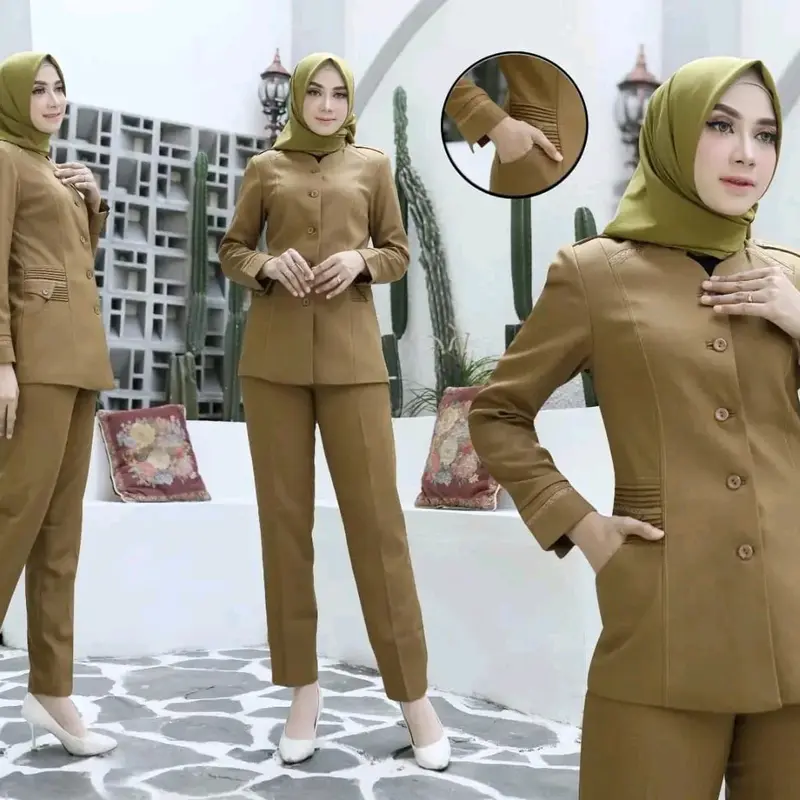SERAGAM KERJA BAJU DINAS KHAKY TUA  903 WANITA SETELAN ROK A/ROK SPAN/CELANA PANJANG BAHAN KATUN FEEE HIJAB 2