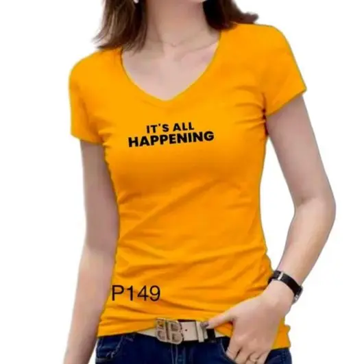 KAOS VNECK /IT''S ALL HAPPENING /ATASAN WANITA Slim-fitting Soft Stretch Baju Cewek Pendek Tshirt Santai 3