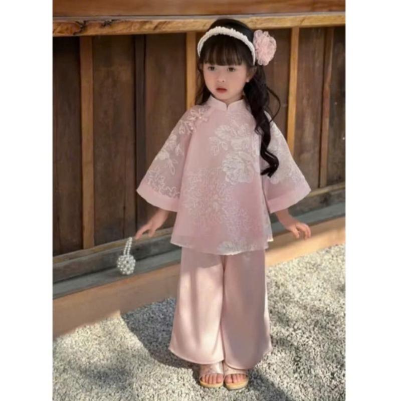 Áo dài cách tân cho bé, set bộ pháp phục áo voan tơ 2 lớp kèm quần lụa cho bé gái 10-30kg