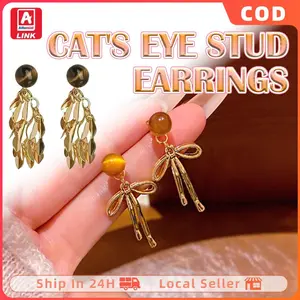 Alfamidi LINK anting wanita anti karat dan tidak luntur Tona gradasi coklat keemasan alami dari batu tiger eye