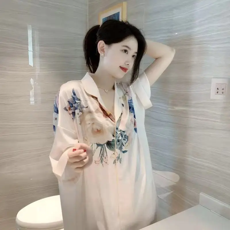 Váy Ngủ Mùa Hè, Áo Sơ Mi Trắng ngắn Tay Lụa Lạnh Cho Nữ, Đồ Mặc Nhà Mỏng Ngọt Ngào Đồ Ngủ Nữ Gợi Cảm, Hàng Mới Về 2024 Dress 7