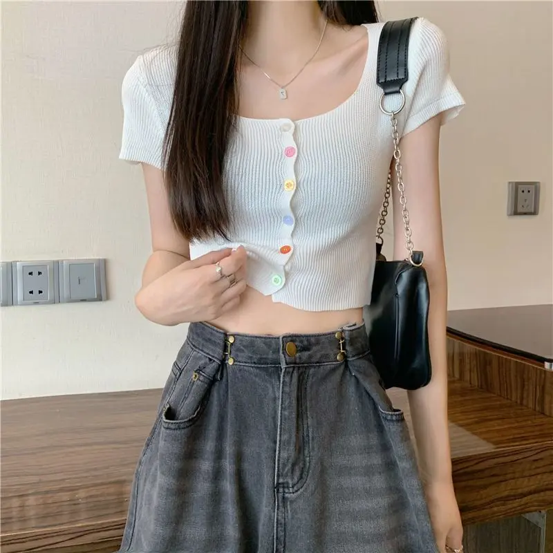 Áo Cardigan Đan, Cổ Vuông Gợi Cảm, ngắn Tay, Phong Cách Mùa Hè Mới