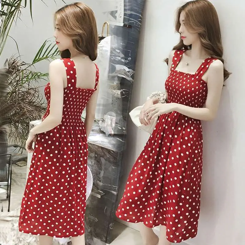 Váy Hai Dây, Thời Trang Mùa Hè Mới Phong Cách Hàn Quốc, Váy Ôm Chấm Bi Dài Trung Bình Dành Cho Nữ, Váy Mặc Trong Có Dây Đeo Bên Trong