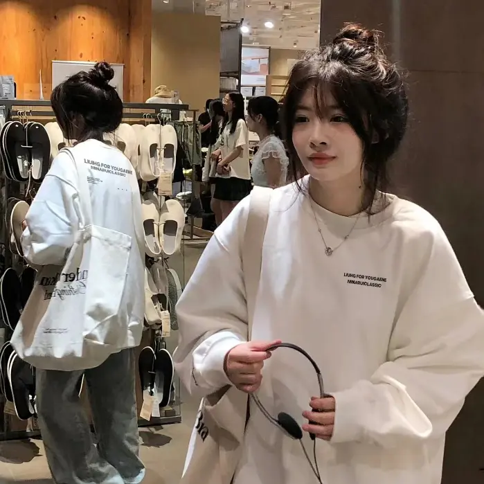 Fashion Trắng dài tay áo nỉ cổ tròn bigsize unisex 100%cotton Nữ Top Women Hoodie