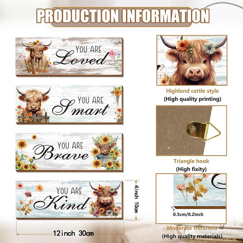 Letter & Highland Cow & Flower Pattern Wooden Sign, 4pcs/set Rustic Farmhouse Wall Art Plaque, Wall Decor for Home Living Room Bedroom Bathroom Kitchen 1
