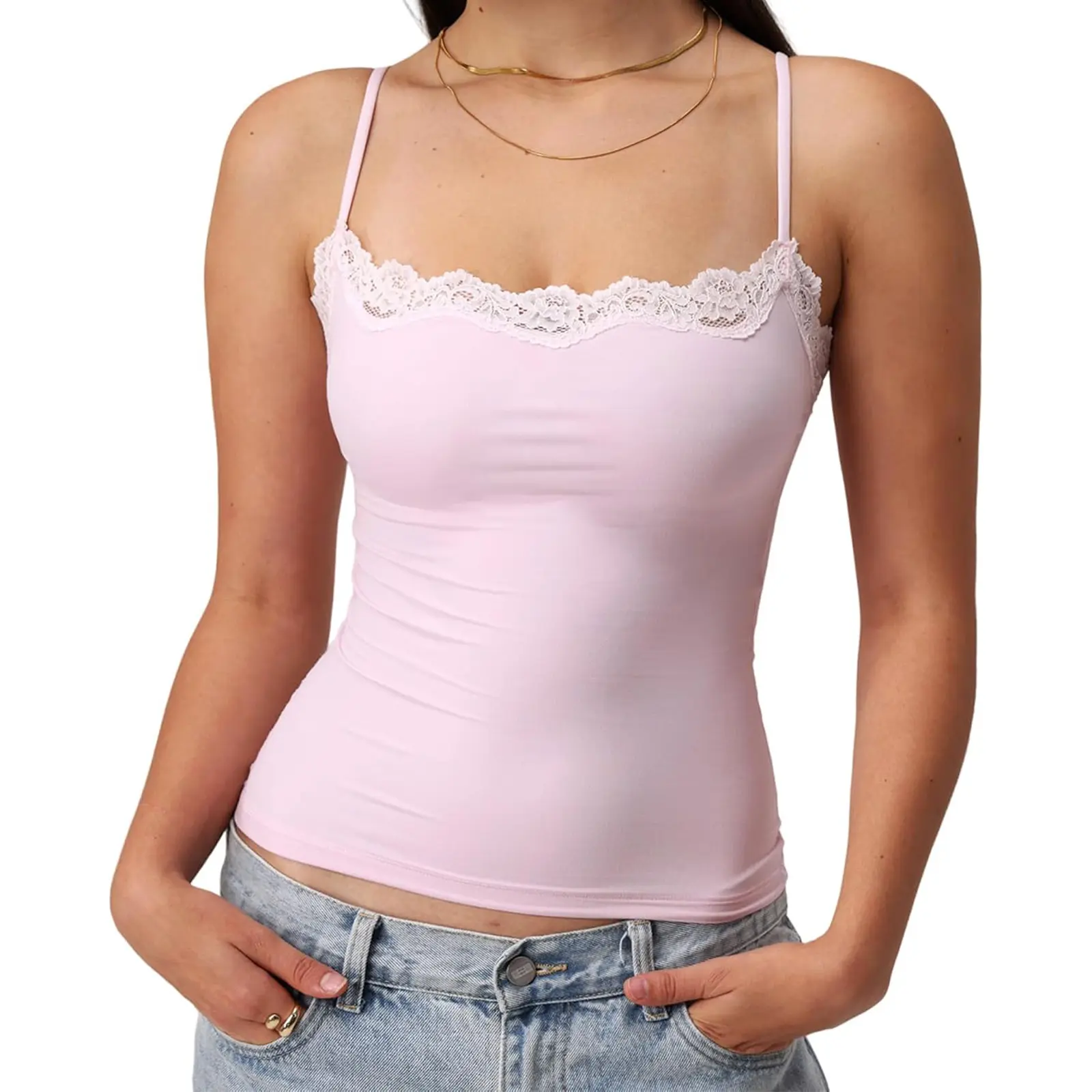Women's Y2k Crop Tops Fairy Coquette Lace TrimFit Camis Ladies Summer Sleeveless Spaghetti Strap Tank Top Solid Color Vest