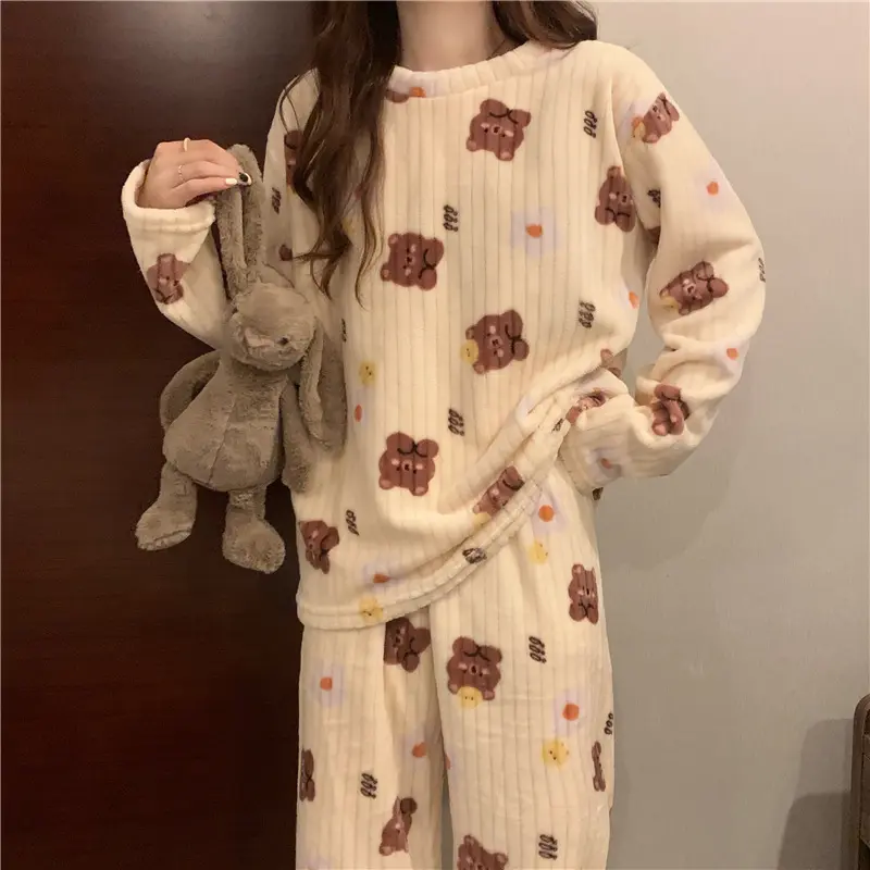 Bộ Đồ Ngủ In Hình Lông Cừu San Hô, Dành Cho Phụ Nữ, Thời Trang Thu Đông, Ngoại Cỡ, Ấm Áp, Bộ Đồ Hai Mảnh Dày Dặn, Đồ Mặc Ở Nhà Dễ Thương Women Pijama Áo