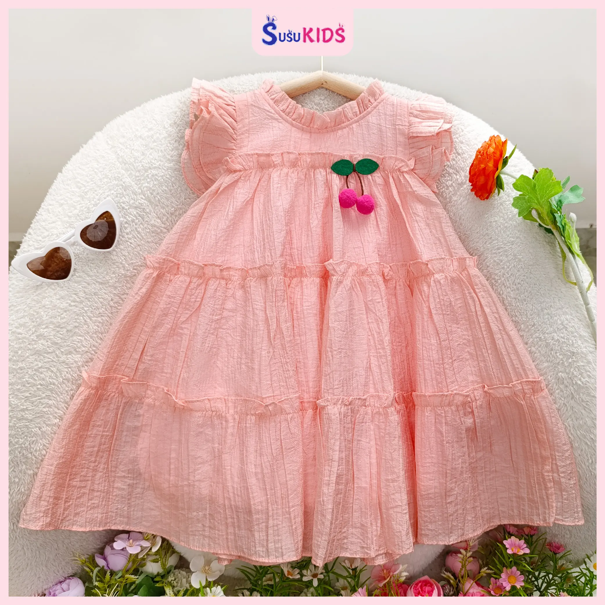 Váy xoè bé gái SuSu Kids, chất liệu tơ form chữ A kết hợp cổ bèo nhún tiểu thư, dễ thương SU451 Cho Bé
