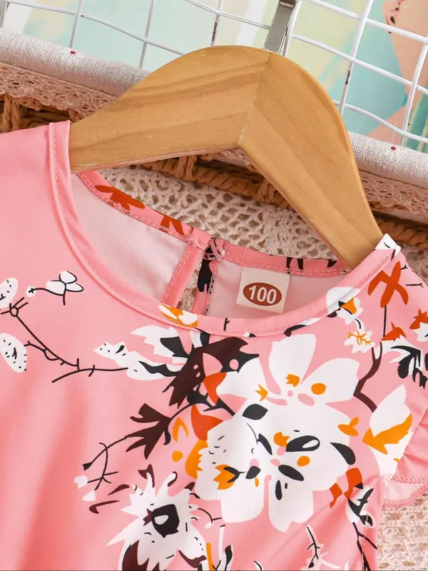 Girl's Floral Print Belted A Line Dress, Elegant Butterfly Sleeve Keyhole Back Dress for Summer, Kids Clothes for Daily Wear 5