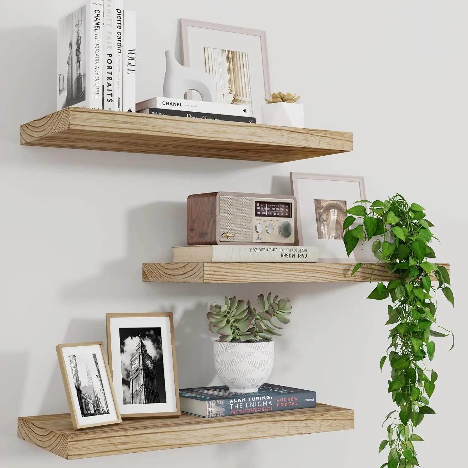 Wall Mounted Wooden Shelf, 3 Counts Floating Shelf with Invisible Supports, Home Decor Shelf for Living Room Bedroom Kitchen Bathroom, Interior