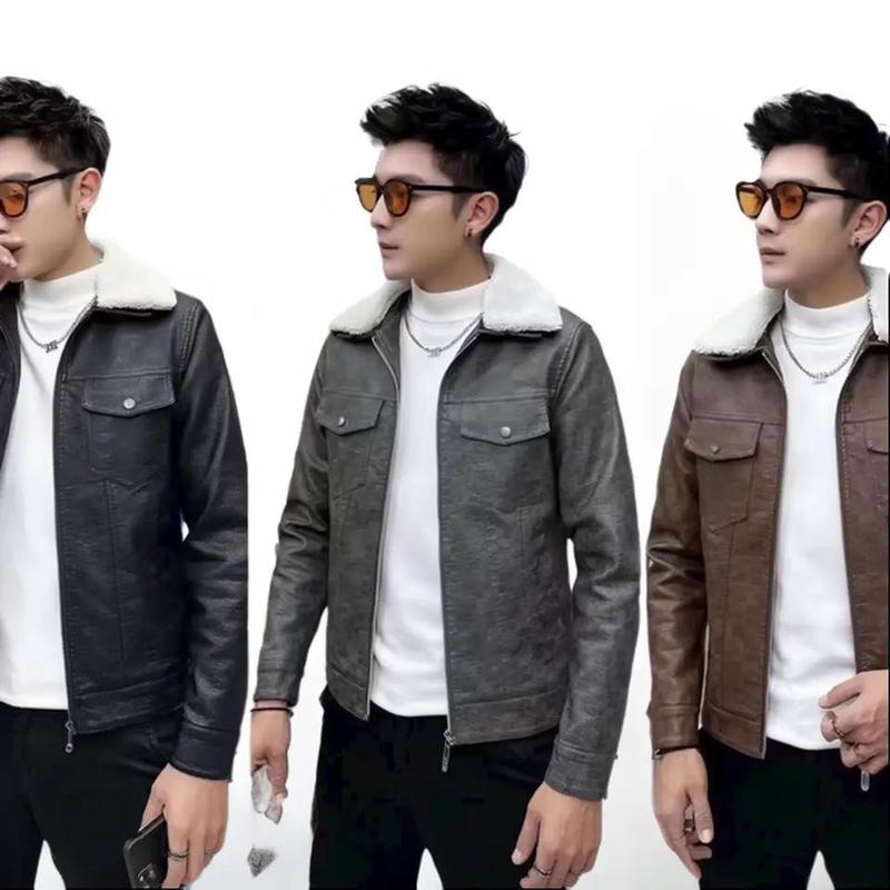 Áo khoác da sần 8869 cổ lông quảng châu cao cấp Ôm gọn Nam Màu Đen Tay Dài Menswear Jacket Kem Dài Tay