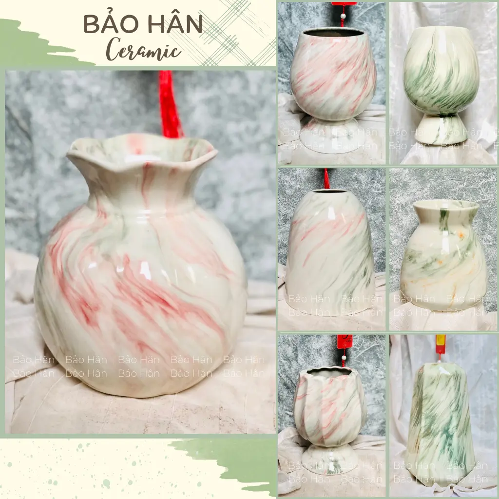 Bình Hoa Vân Đá Hồng & Xanh, Lọ Hoa Mini Đẹp Để Bàn Gốm Sứ Bát Tràng Decor