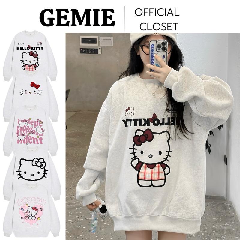 Bộ sưu tập Áo sweater HELLO KIT..TY basic nam nữ unisex chất nỉ bông form rộng màu xám tiêu tay bồng Menswear Cổ Tròn áo  nỉ áo  hoodie