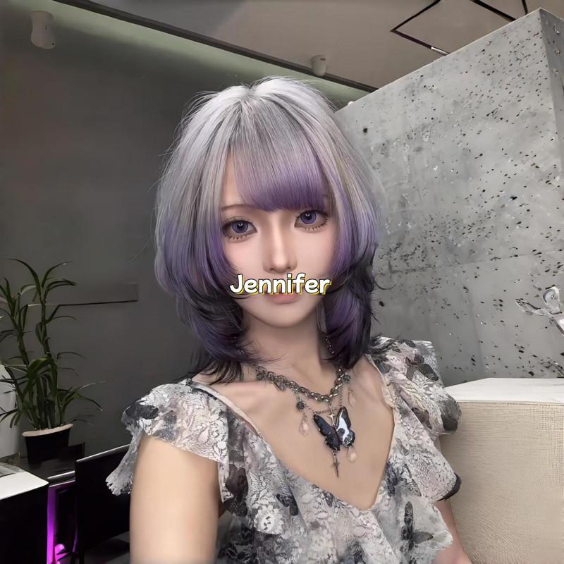 Product Introduction of hair wig for woman full head cosplay bangs wig set summer gradient purple black in long hair burst top dyeing natural niche simulation Heat Resistant Synthetic Hair 7