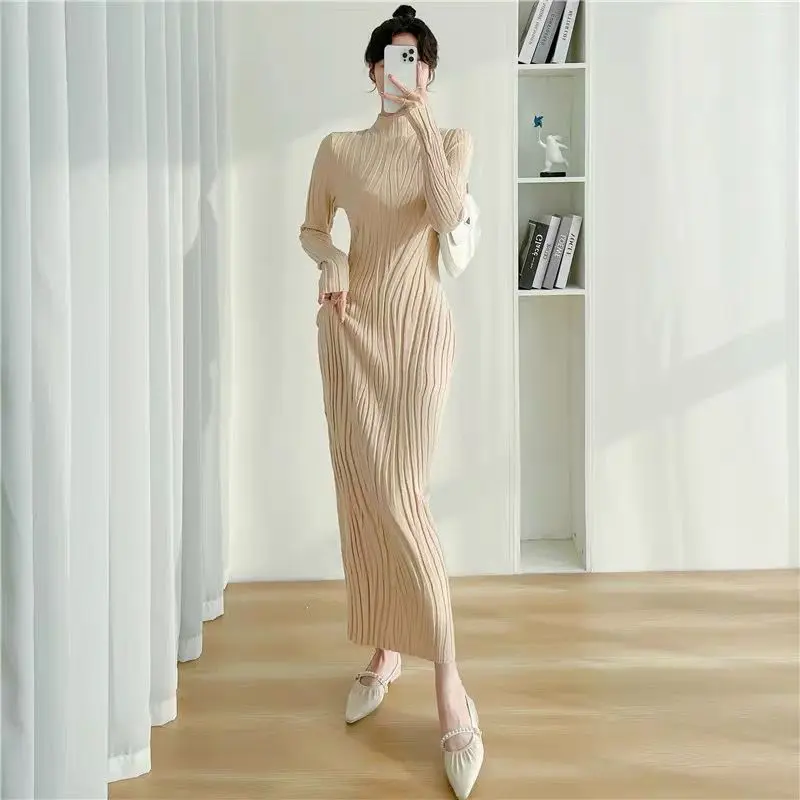 Áo Sơ Mi Lớp Nền Bó Sát Phong Cách Nhật Bản Và Hàn Quốc, Đơn Giản Và Thường Ngày, cổ lọ thấp, Thích Hợp Để Phối Bên Trong, Áo Len Dệt Kim, Váy Quá Gối, Năm 2024 Women Dress Khuy 8