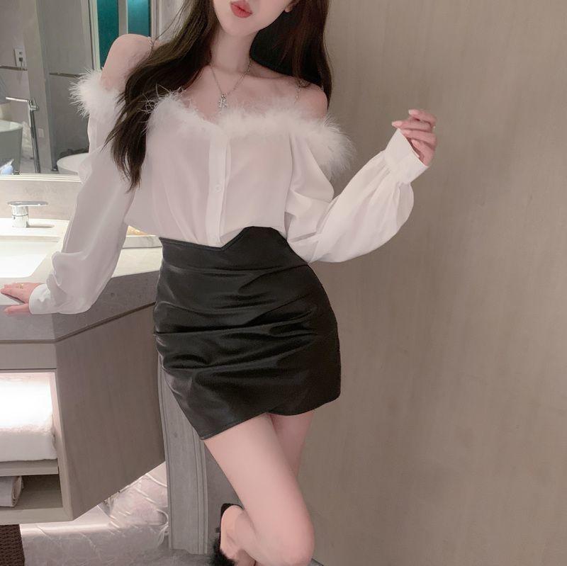 Product Introduction of #SS24 Áo Sơ Mi Dài Tay Lông Thú Trễ Vai, Phong Cách Ngọt Ngào , Dành Cho Phụ Nữ, Mùa Xuân, Mỏng, Thiết Kế Đẹp, Áo Sơ Mi Dáng Rộng Độc Đáo Áo Ngắn áo tứ thân hoàng lan anh váy lộn mèo áo corset bộ đồ thế giới ngầm áo olivia infinite hoodie girl hd 4