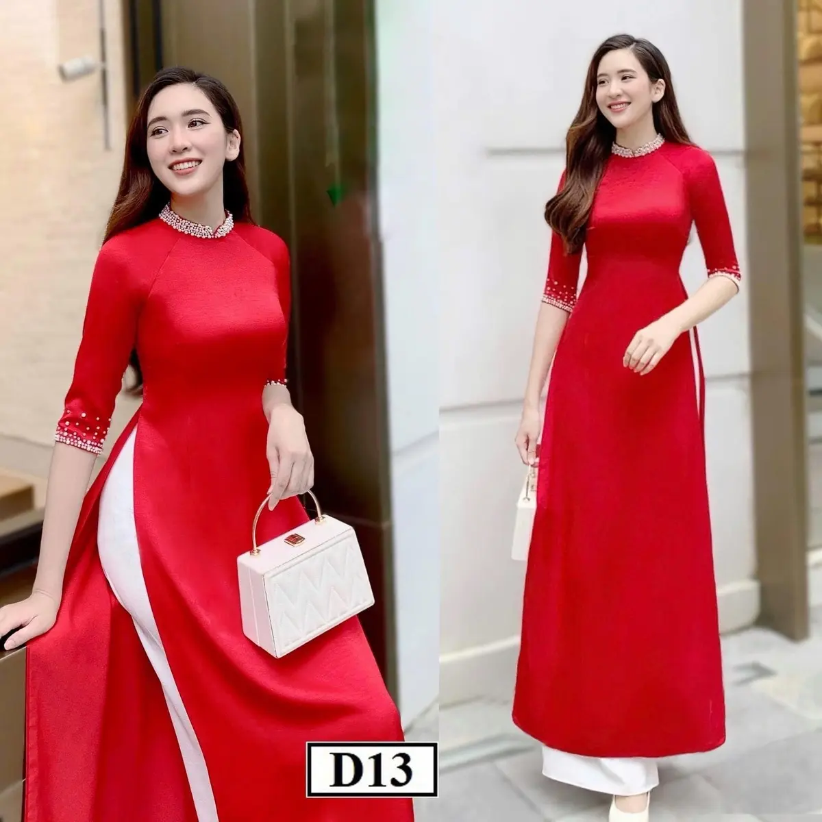 ￼Áo dài truyền thống Đỏ D13 đính đá thêu tay thủ công thiết kế cao cấp Nữ - Áo Dài Ngọc Hoa