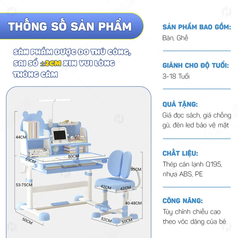 Bộ bàn học chống gù HTDkids T16+, Bàn học cho bé có giá sách, Nâng hạ điều chỉnh độ cao, Giá tốt 1